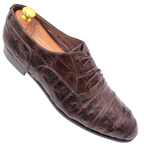 Vintage Crocodile Bruno Magli Italy Mens 13M Brown Dress Shoes Luxury Oxfords - Picture 1 of 13